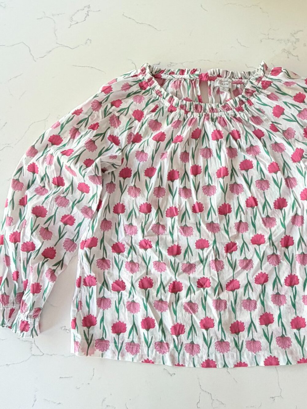 J.Crew Floral Popover Blouse Medium Pink Flower Print Cotton Peasant Top Boho